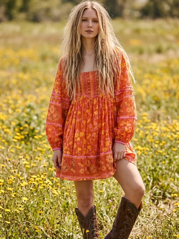 Free People Bohemian Retro 70s Flower Child Endless Afternoon Mini Dress Medium - Image 2