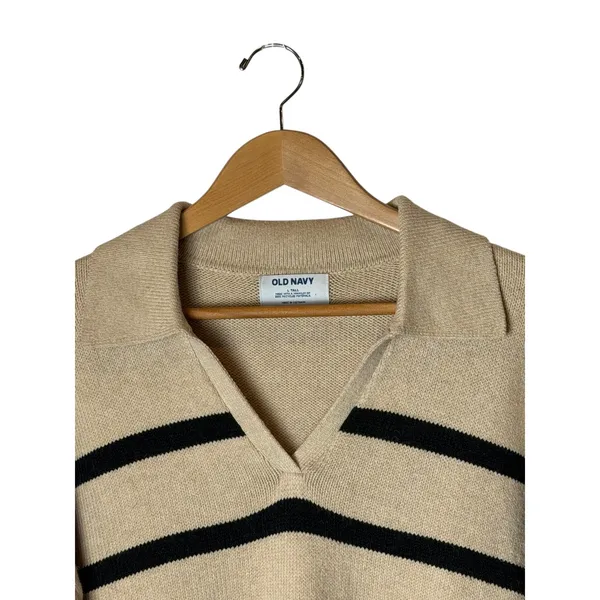 Old Navy Striped Cotton Polo Sweater Women Large Tall Tan Striped Preppy Knit‎ - Image 4
