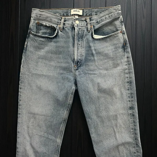 AGOLDE High Rise Straight Leg Jeans Light Wash Raw Frayed Hem Women's size 28 - Image 8