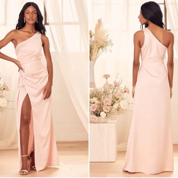 LULU's Prom Wedding Bridesmaid Sexy One Shoulder Satin Thigh Slit Gown - Image 2