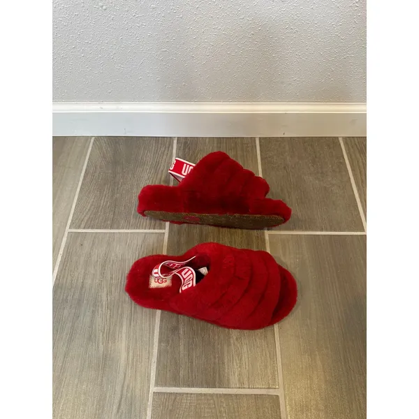 UGG Fluff Yeah Slide Red Sheepskin Logo Slingback Slippers‎ 1095119 Womens 7 - Image 3