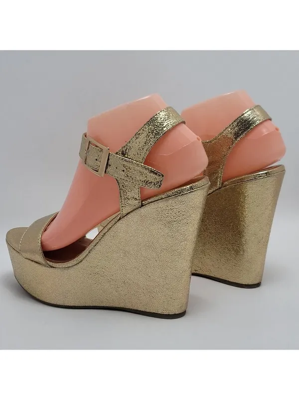 Bamboo Platform High Wedge Heels Ankle Strap Round Toe Metallic Gold Sandal Sz 8 - Image 13