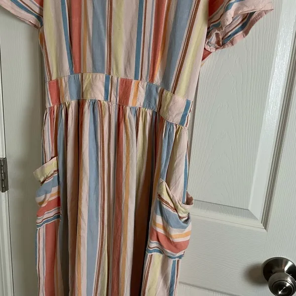a.n.a Striped Linen Blend Midi Dress Open Back Pockets Women’s Size M - Image 5