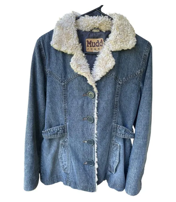 Y2K Mudd Faux Fur Trim Vintage Denim Jacket Size Medium - Image 12