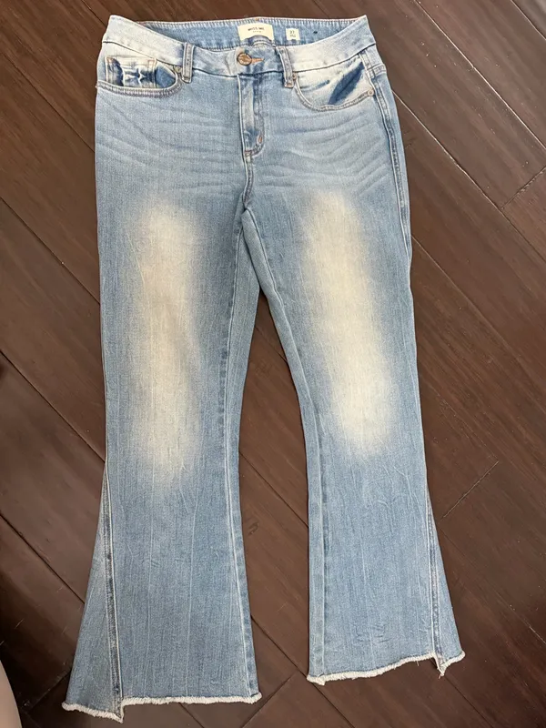 Miss Me Cropped Flare Diatressed Blue Jeans with Raw Hem 27 - Image 2