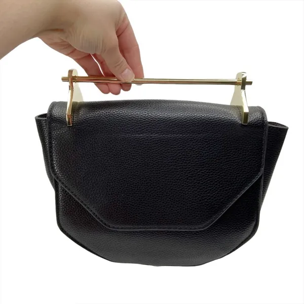 Black Faux Leather Structured Metal Handle Purse Bag - Image 13