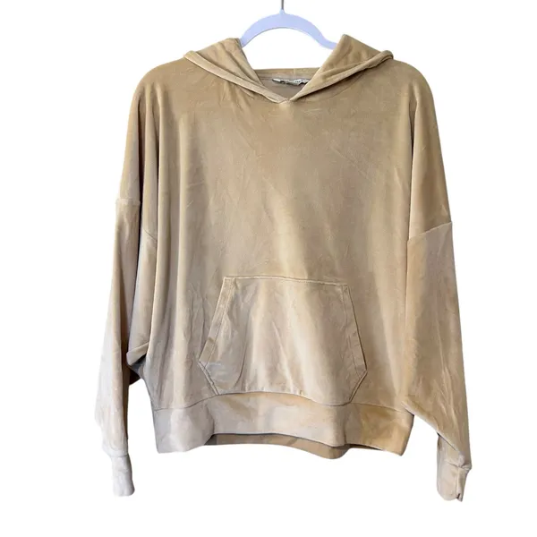 American Eagle Hoodie Velour Pale Yellow SZ Med Kangaroo Pocket Cropped Dolman - Image 2