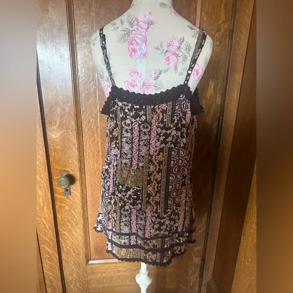 Vtg Y2K faded glory boho Fairycore brown paisley babydoll tank, size L - Image 3