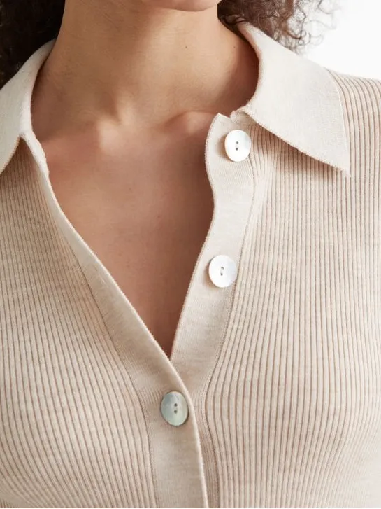 & Other Stories Wool Blend Long Fitted Ribbed Knit Collar Cardigan Beige XS - Image 7