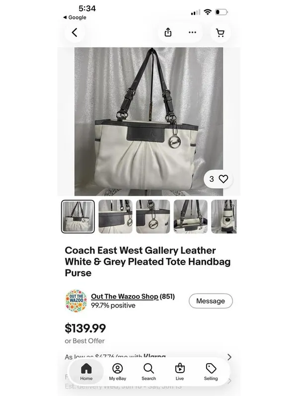 Coach East West Gallery Leather White & Grey Pleated Tote Shoulder Bag - Image 8