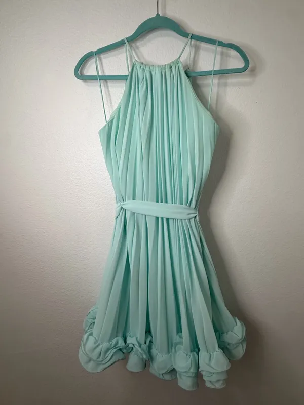 Miss Avenue Chiffon Allover Pleated Tie Waist Wired/Bubble Hem Mini Dress - Image 3