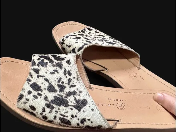 Chinese Laundry Regina / Moonshine Cow Print Calf Hair Slide Sandals - Image 3