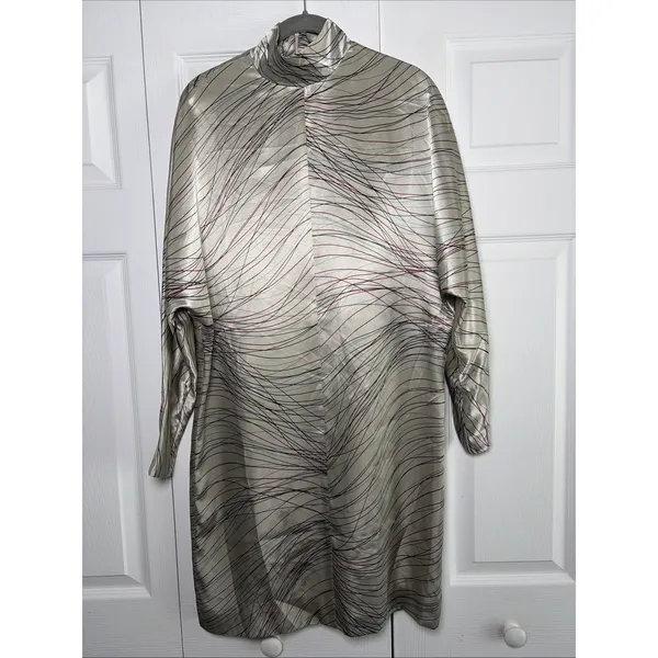 Harve Benard Vintage Mock‎ Neck Shift Dress Womens 4 Silver Abstract Satin - Image 2