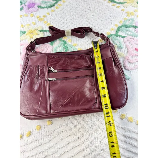 Burgundy Patchwork Leather Multi Pocket Crossbody Shoulder Bag Wine‎ Red - Image 6