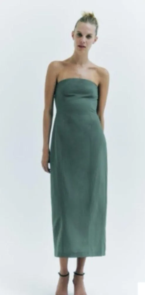 Zara green tube strapless midi linen blend dress - Image 4