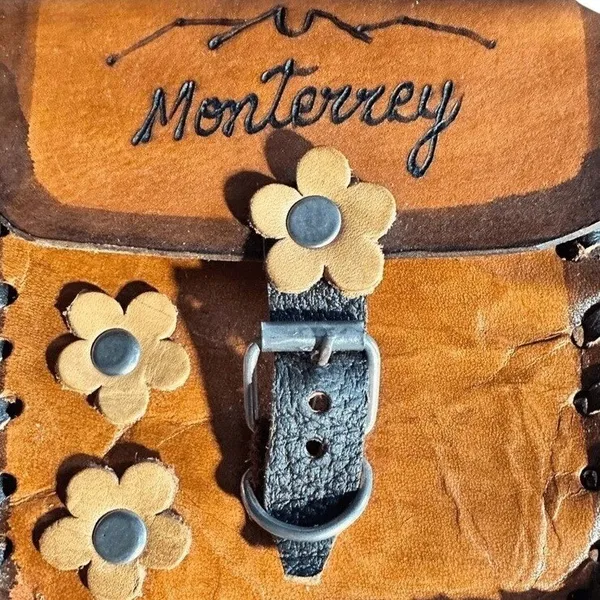 Vintage Mexican Leather Crossbody‎ Bag Monterrey Souvenir Hand-Stitched Floral - Image 4