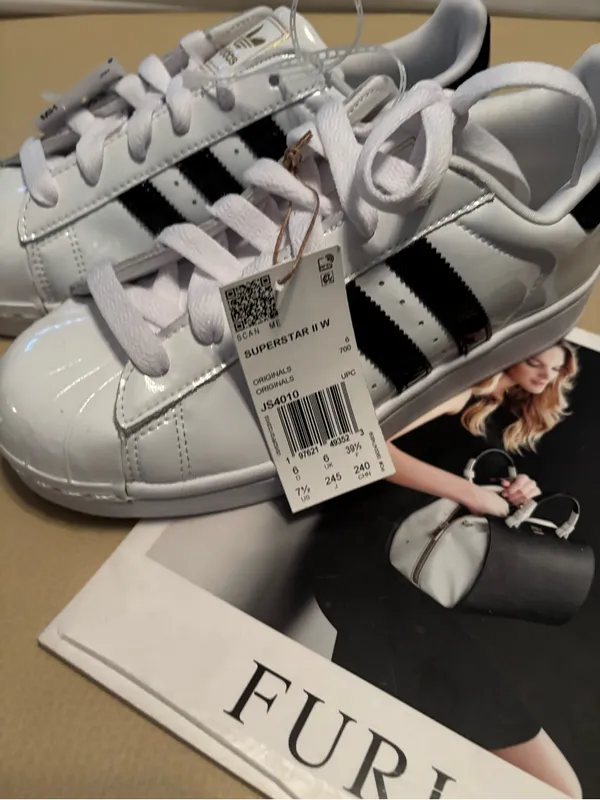adidas White Superstar Patent Leather Sneakers with Black Stripes and Shell Toe - Image 4