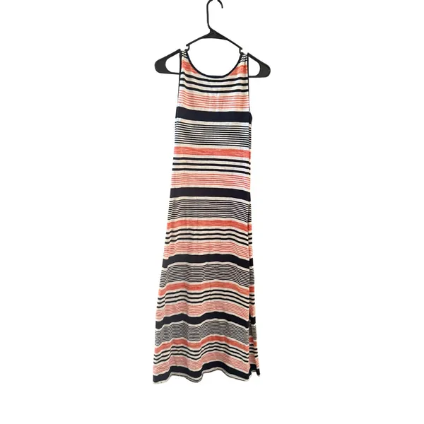 Talbots Womens Striped Lace Up‎ V-Neck Maxi Dress Navy Coral White Sleeveless XS - Image 4