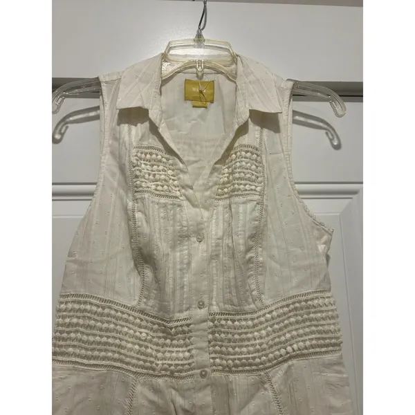 Anthropologie Maeve 4 Ivory Eyelet Fit Flare Dress Button Casual Beach Preppy - Image 2