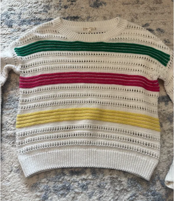 Willow & Clay White Knit Sweater with Green, Pink & Yellow Stripes - Image 5