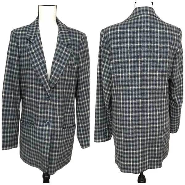 Eddie Bauer Wool Check Long Blazer Jacket Cream Navy Blue M Academia - Image 2