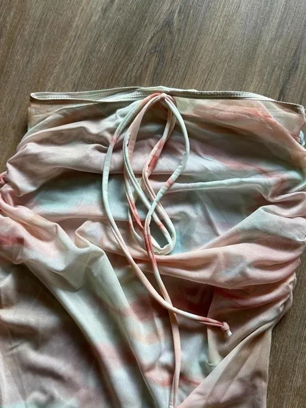 Pastel tie-dye bikini set (top, bottom, coverup) with pink, peach, and light blu - Image 3