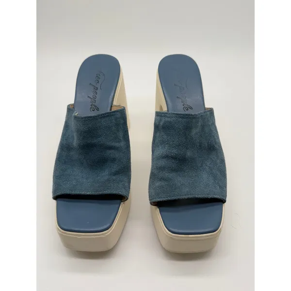 Free People Zoe Platform Sandals 39 Blue Suede Chunky Block Heel Square Toe Mule - Image 4