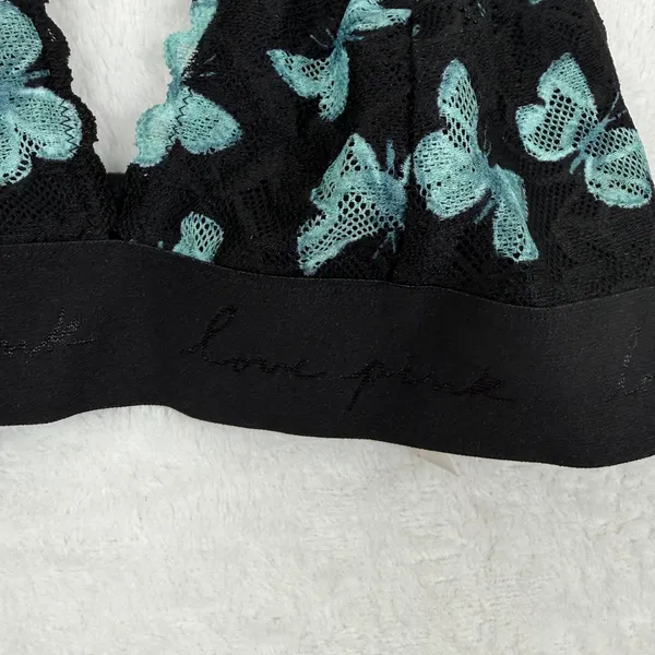 PINK Victoria's‎ Secret Black Teal Butterfly Lace Strappy Back Bralette Small - Image 2