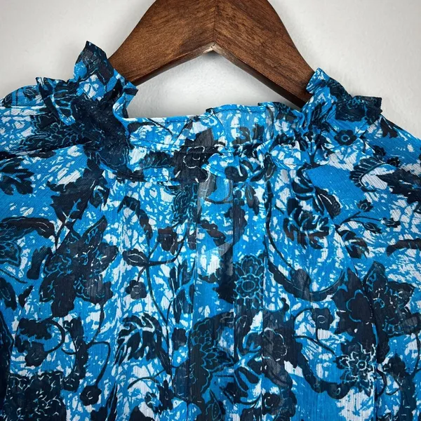By Anthropologie Blouse Top Womens Large Blue Sheer Floral Boho Long Sleeve‎ Tie - Image 10