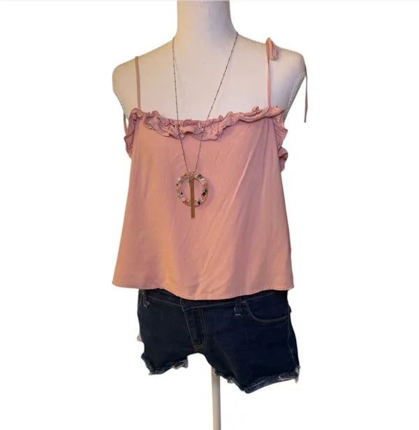 Y2K Pink Ruffle Tie Strap Crop Top Boho Babydoll‎ Cami Size Medium - Image 4
