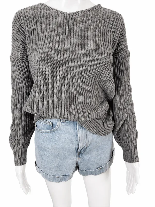 Zanzea Oversized Knit Sweater Gray Twist Front Back V Neck Chunky Cozy‎ Boho - Image 3