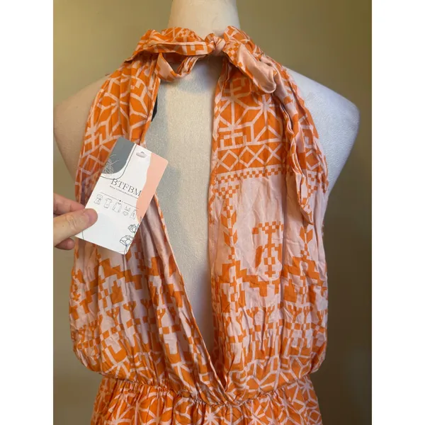 BTFBM Orange Pink boho dainty coastal resort Halter Open Back Mini Dress Large y - Image 6