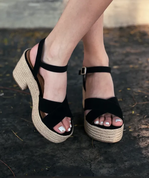 Black Espadrille Chunky Heel Wedge - Image 2