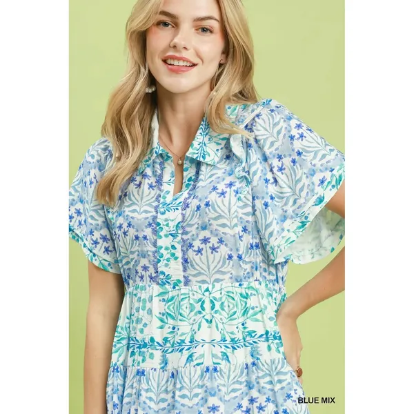 Umgee Mixed Floral Tiered Mini Dress with Flutter Sleeves - Blue mix - large - Image 4