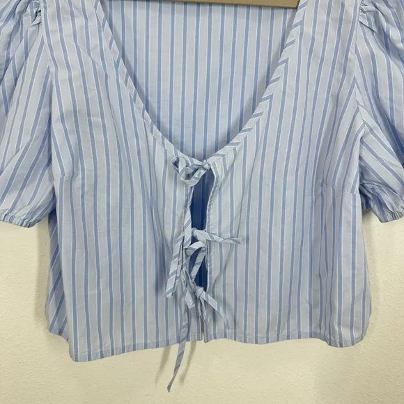 Abound Blue Striped Puff Sleeve Square Neck Tie Front Crop‎ Top Womens L - Image 5