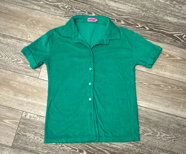 Sz S Green Terrycloth Short Sleeve Top Button Down Shirt Terry Cloth - Image 3