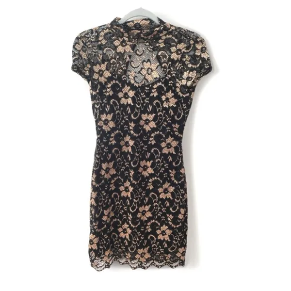 No Boundaries Y2K Black Gold Lace Dress Sheer Overlay M Whimsigoth Vampy Clubwear Party - Image 3