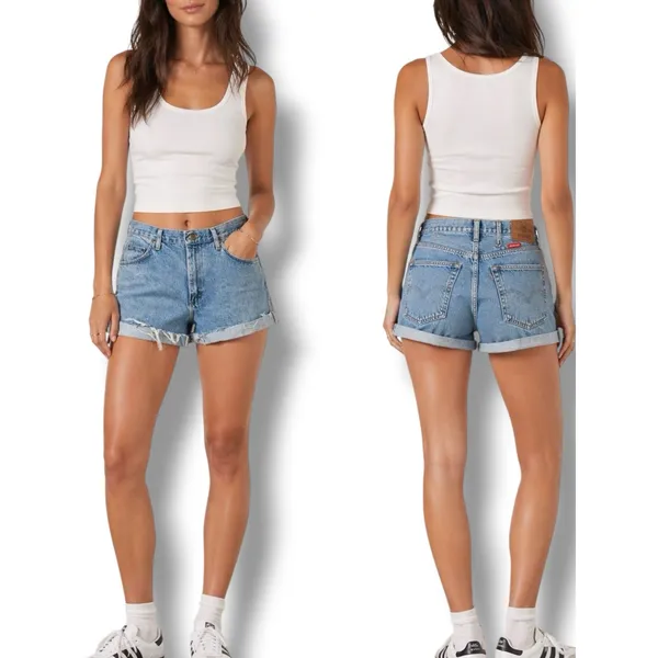 Vintage Wrangler Distressed Cuffed Denim Shorts Light Wash High‎ Rise Cutoff 34 - Image 7