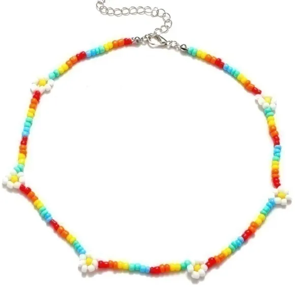 NWOT Rainbow Beach Surf Natural Hippie Love Beaded Choker Flower Glass Necklace - Image 4