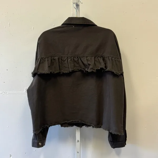 Ee:some Brown Ruffle Raw Hem Denim Jacket Women's Large Grunge Distressed Twill - Image 2