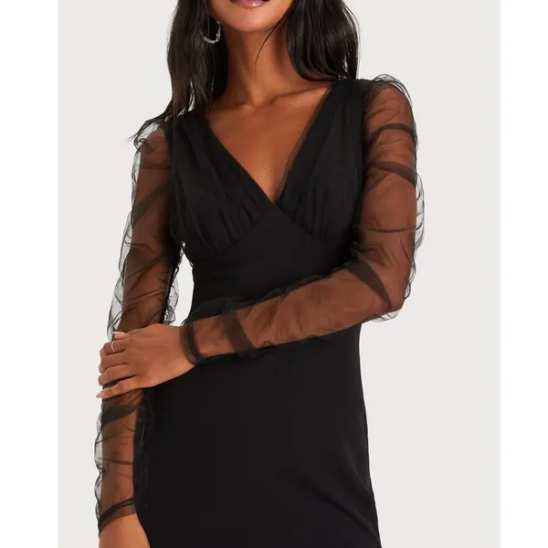 NEW Lulus Red Carpet Energy Black Tulle Long Sleeve Mermaid Maxi Dress Small - Image 3