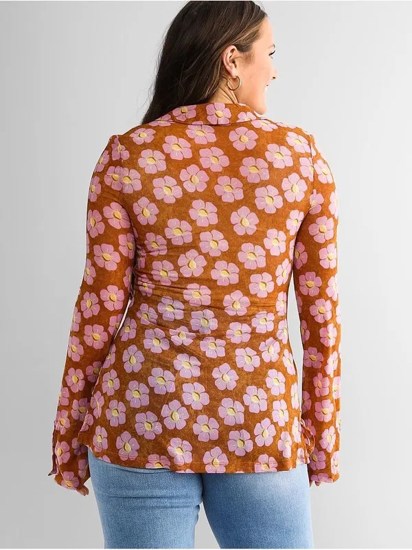 Women's Button Down Floral Shirts 2026 Summer Long Sleeve V Neck Sheer Mesh Tops - Image 2