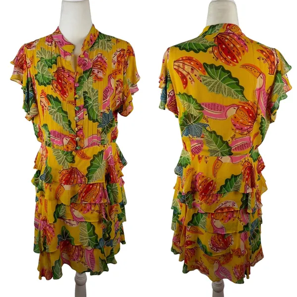 Farm Rio Yellow Beaks & Bananas Mini Dress Small Tropical Toucan Tiered Resort - Image 2