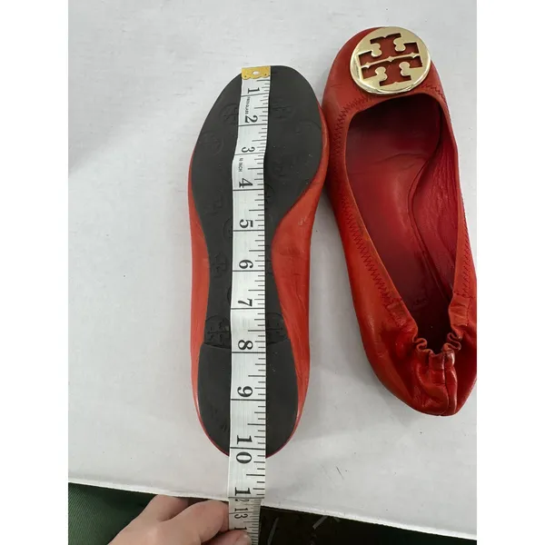 Tory Burch Flats Sz 8 Minnie Travel Orange Logo Office Classic Gold Logo Leather - Image 10