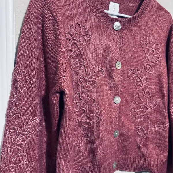 Joie Dusty Rose Pink Embroidered Floral‎ Sweater Cardigan Size L Button cropped - Image 2