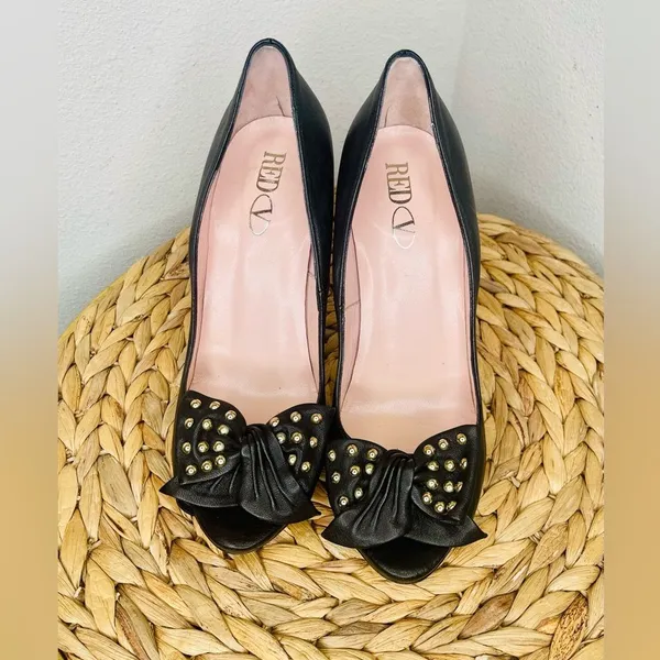 RED VALENTINO Heels Black Leather Peep Toe Pumps Gold Studded Bow Heeled Shoes - Image 4