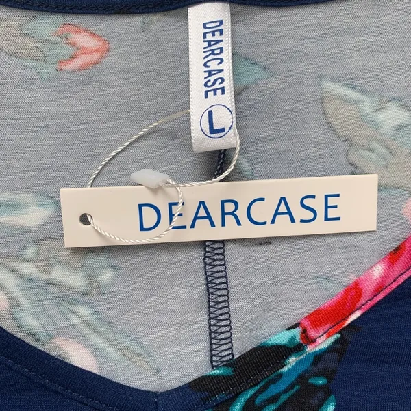 Dearcase Dress Blue Pink Floral Jersey Long Sleeve V-Neck Swing Dress Large NEW - Image 3
