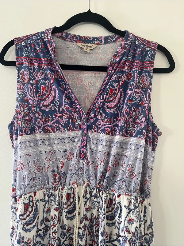 Lucky Brand Blue Red Paisley Midi Dress Small Summer Resort Vacation Beach - Image 3