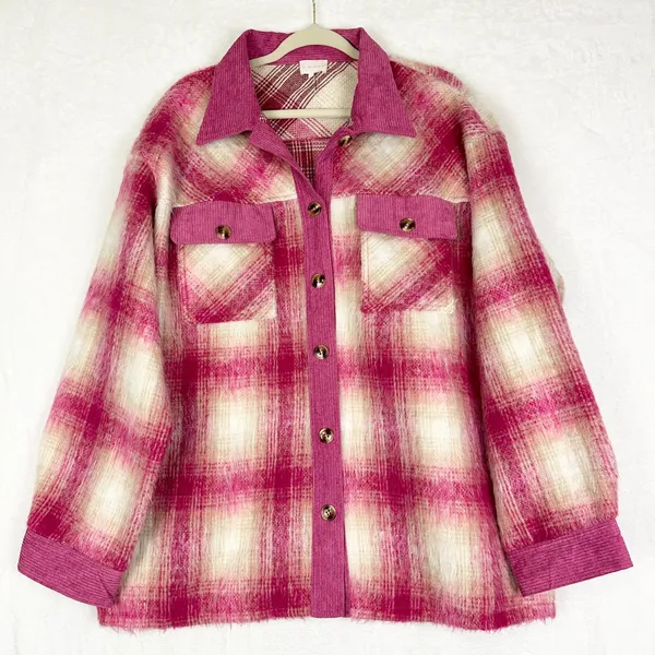Entro Plaid Shacket Size XL Pink Corduroy Trim Button Front - Image 4