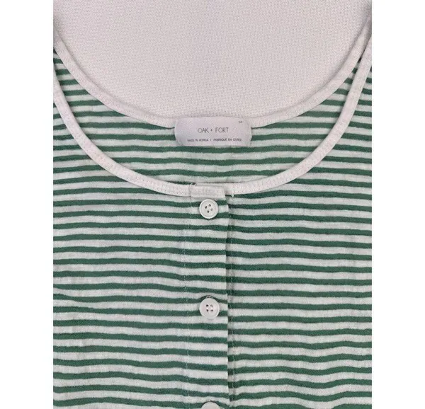 Oak + Fort - Stripped Button Up Cropped Long Sleeve Tee in Green and White - Image 2